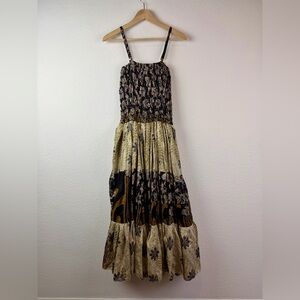 Jack Pot New York Bohemian Smocked Silk Midi Dress